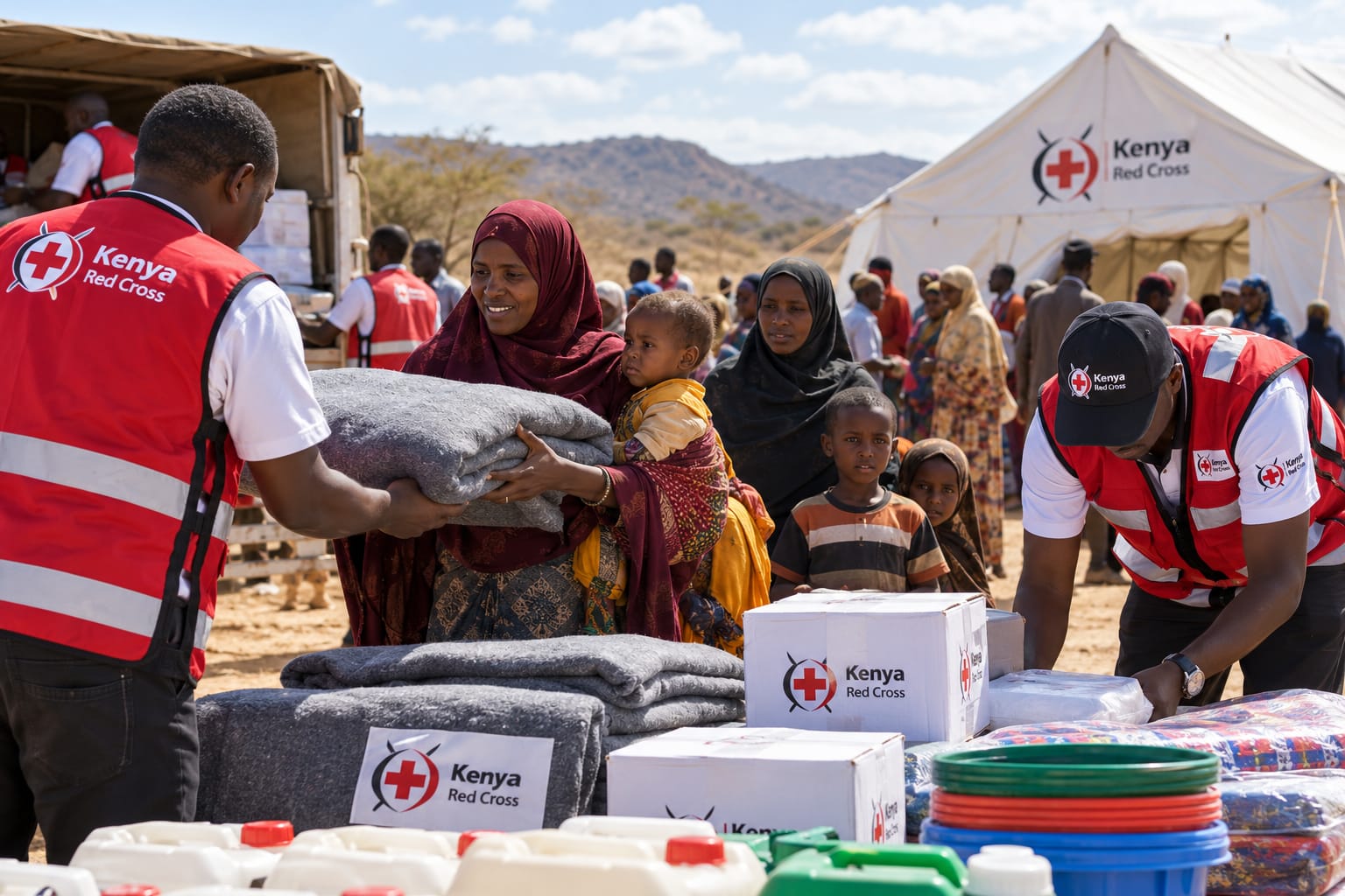 AI-generated illustrative image for the Moyale humanitarian response. Not an actual photograph of the Kenya Red Cross operation.